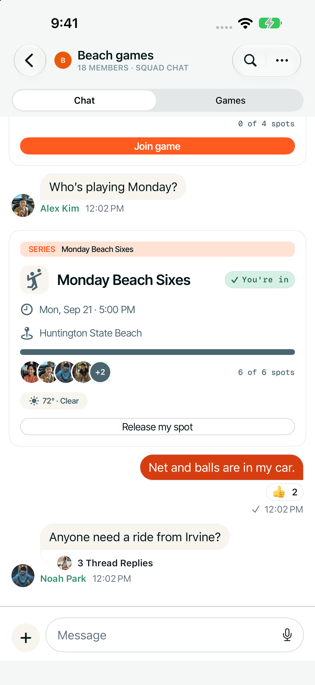 A Beach games conversation with a Monday Beach Sixes game card, a six-player roster, venue and weather, plus equipment and ride messages with emoji reactions and a reply thread.