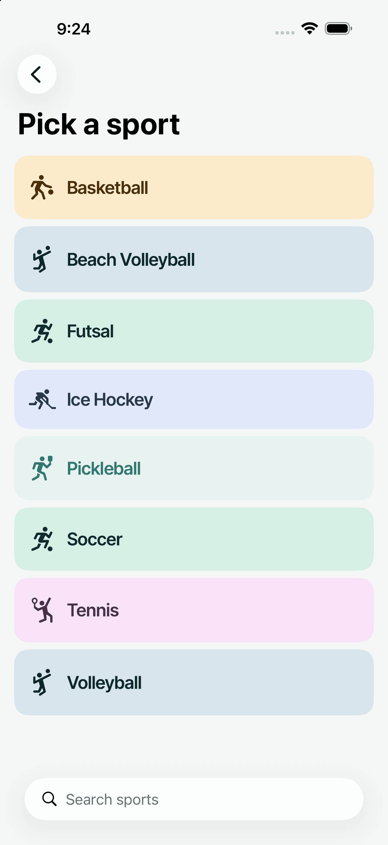 The sport picker supports basketball, beach volleyball, futsal, ice hockey, pickleball, soccer, tennis and volleyball.