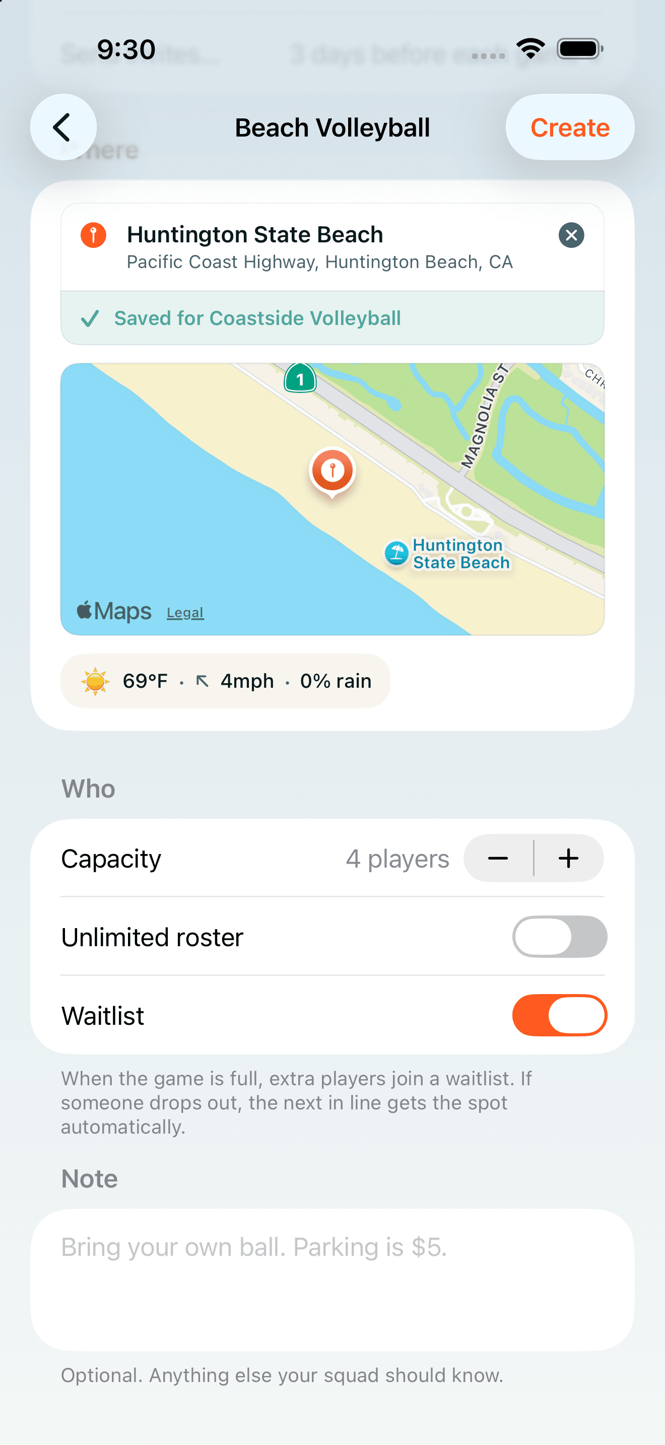 Huntington State Beach venue details, an Apple Maps map with attribution, and a sunny 69-degree forecast with wind and rain details.