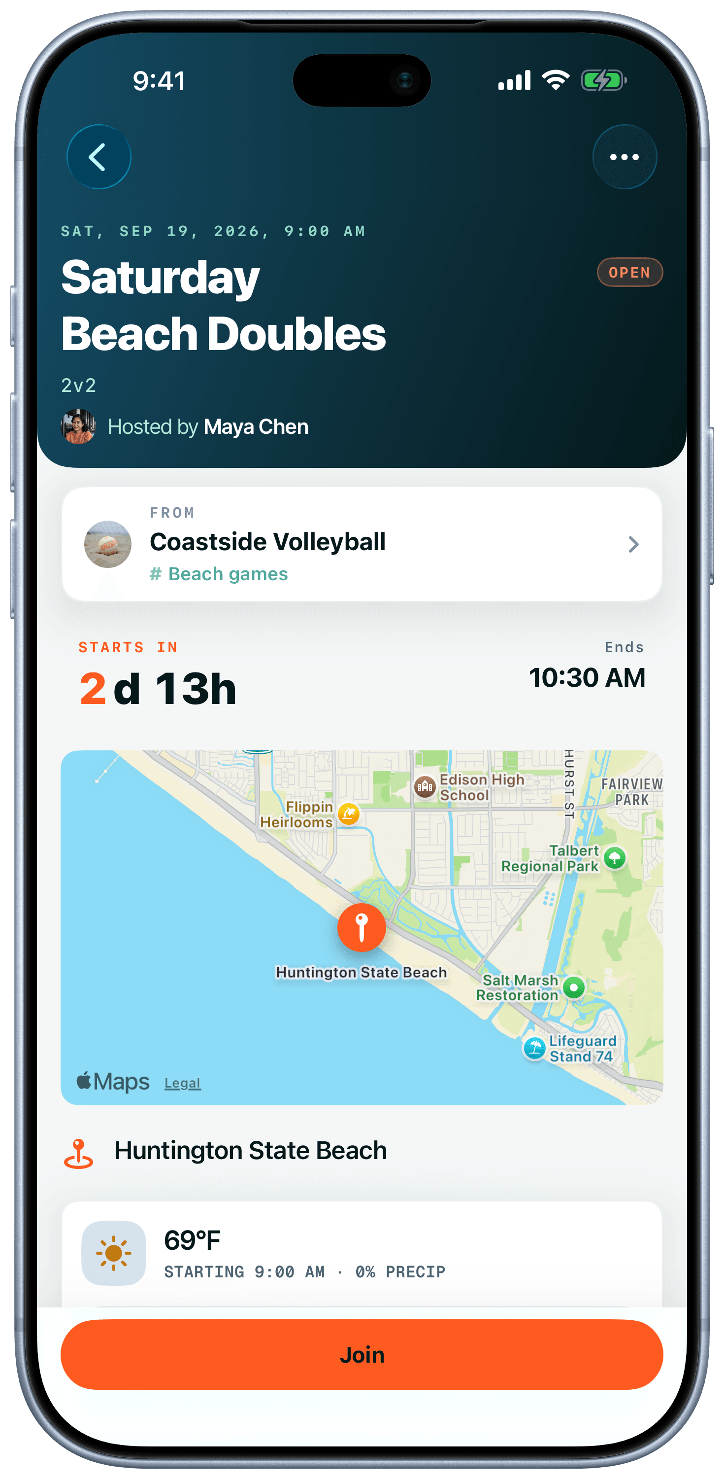 An open Saturday Beach Doubles game from Coastside Volleyball, with the venue, outdoor forecast and Join button, shown on iPhone.