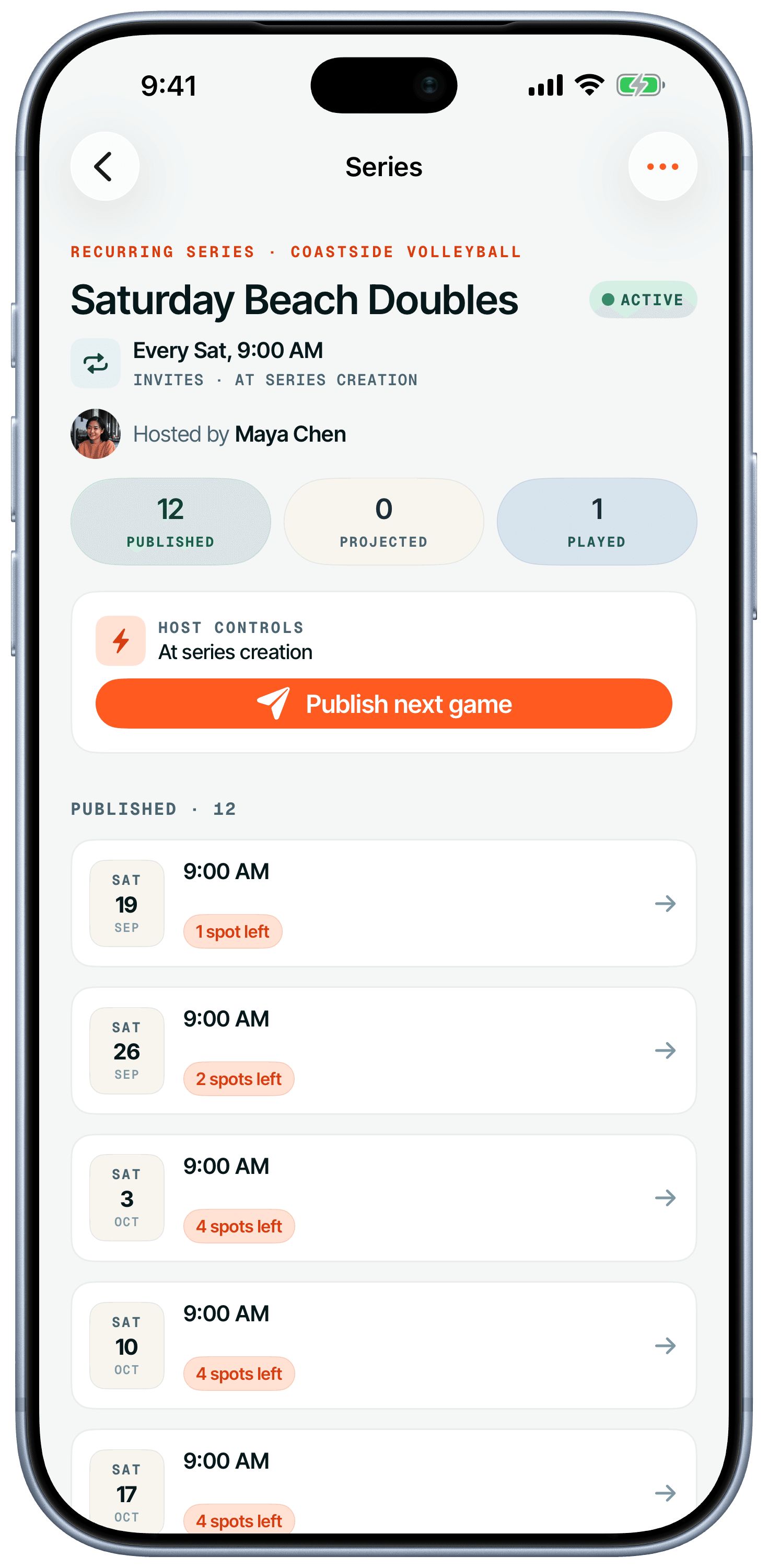 Upcoming dates in a recurring Series with the games kept together, shown on iPhone.