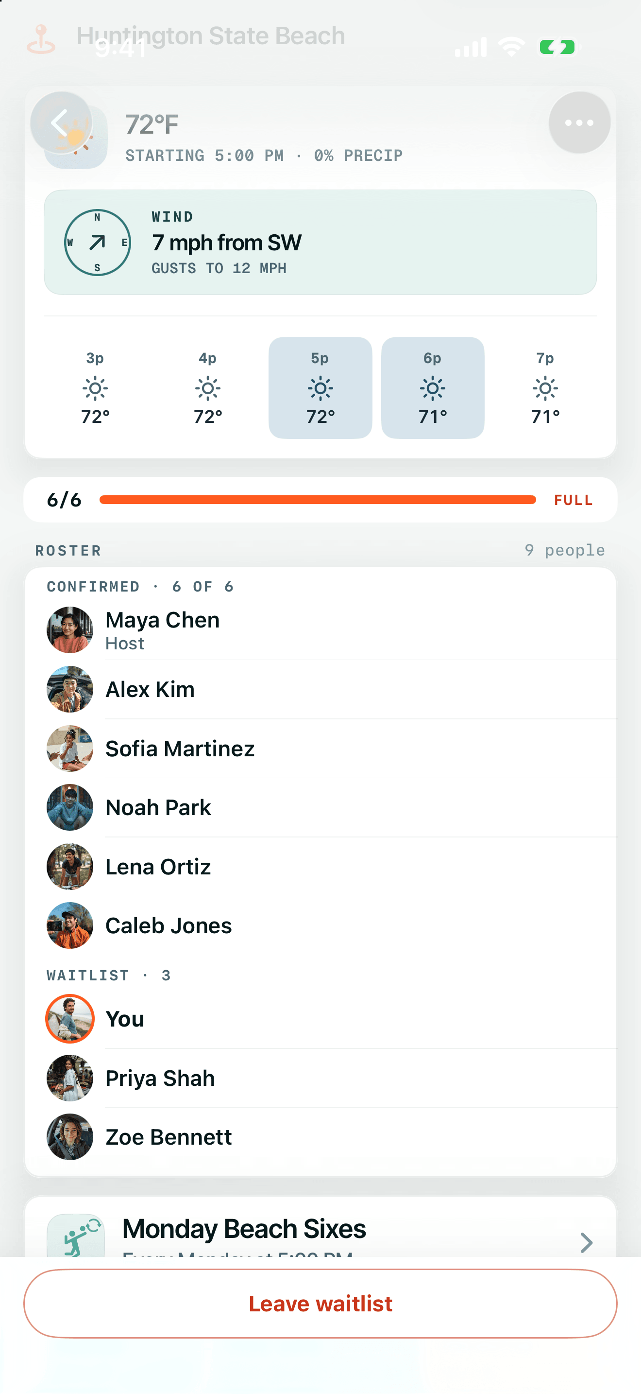 A full six-player roster with player names and a three-person waitlist.