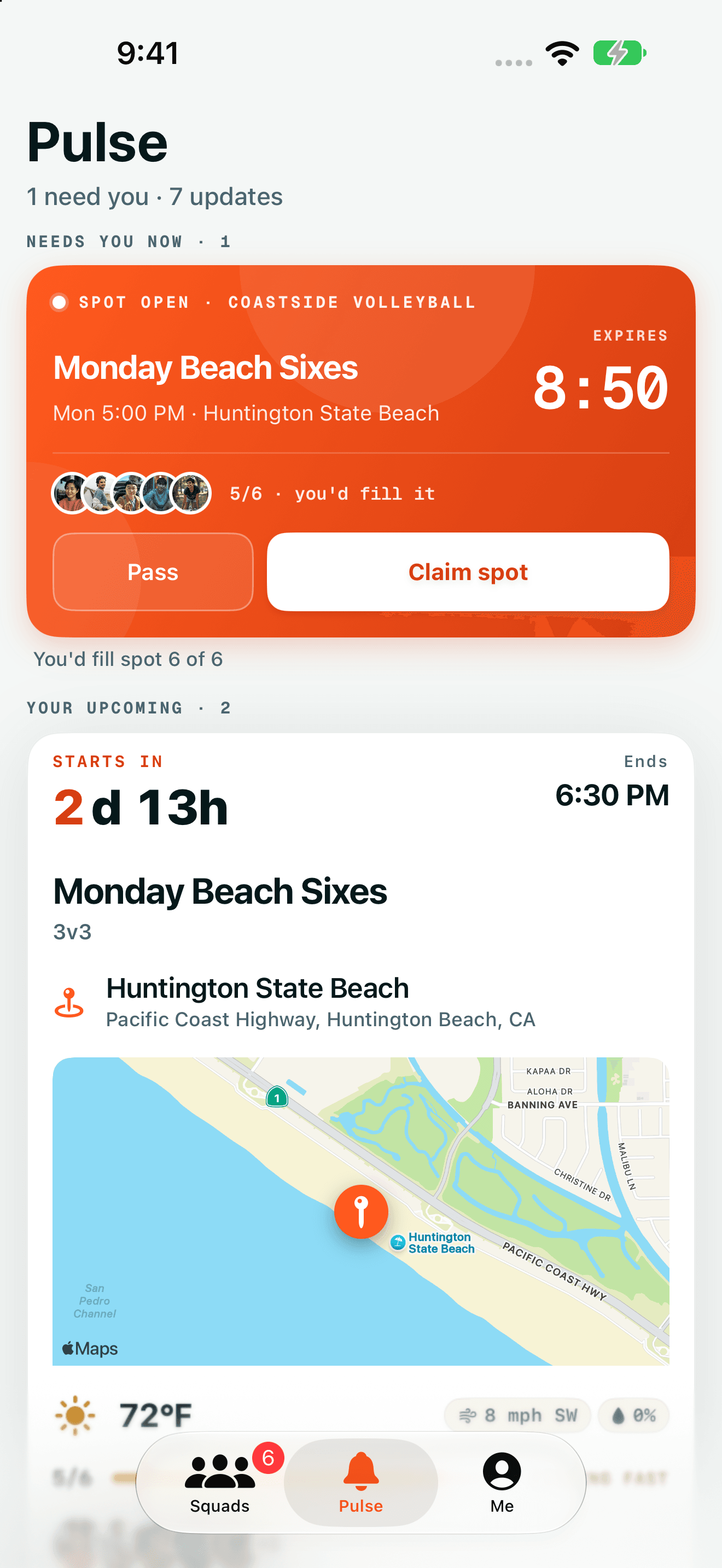 A waitlist offer in Pulse, the updates feed for your Squads, for Monday Beach Sixes at 5 PM, with five of six players confirmed and options to claim the open spot or pass.
