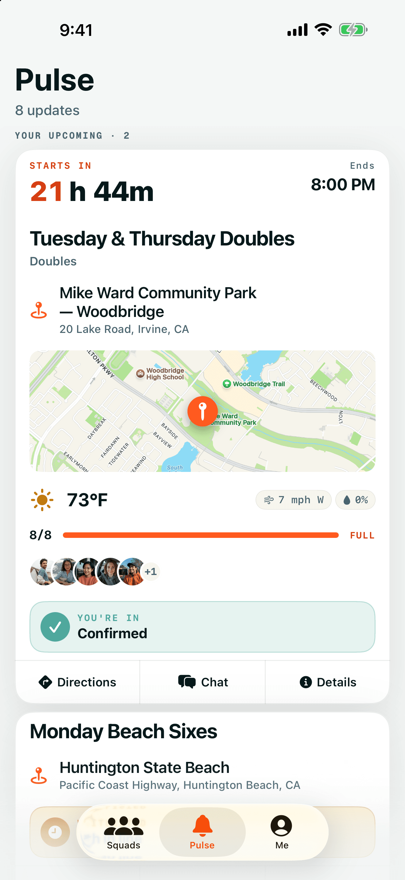 A full eight-player doubles game with friends confirmed, a venue map, weather and a You’re in confirmation.