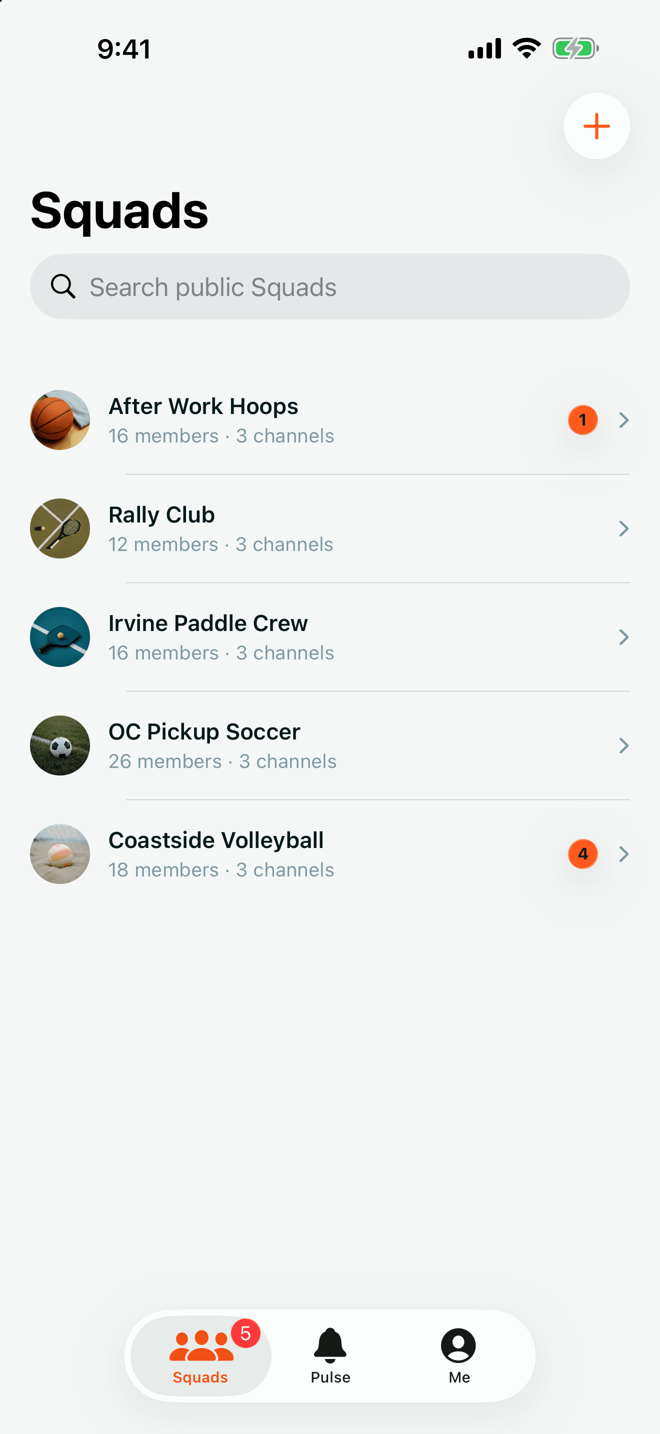 Squads for basketball, tennis, pickleball, soccer and volleyball, with members and channels.