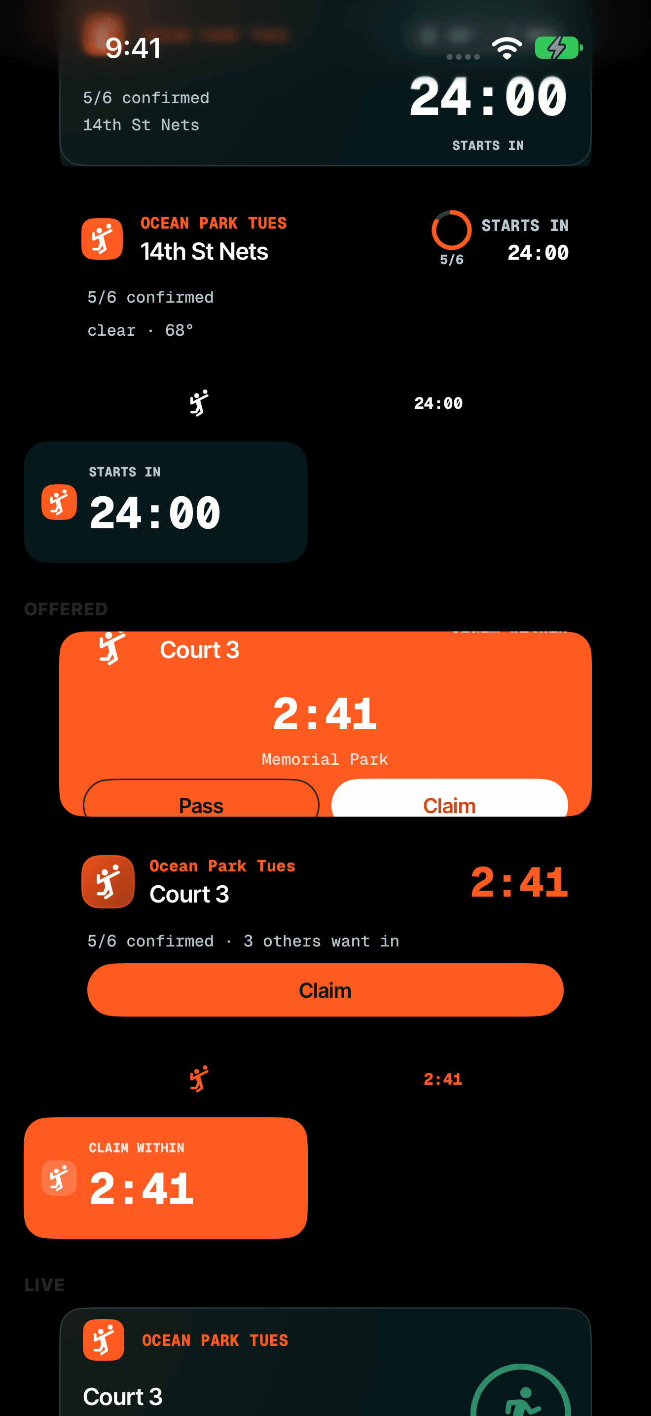 An expanded SquadUp Live Activity on Dynamic Island showing the Court 3 waitlist offer, five of six players confirmed, time remaining and the Claim button.
